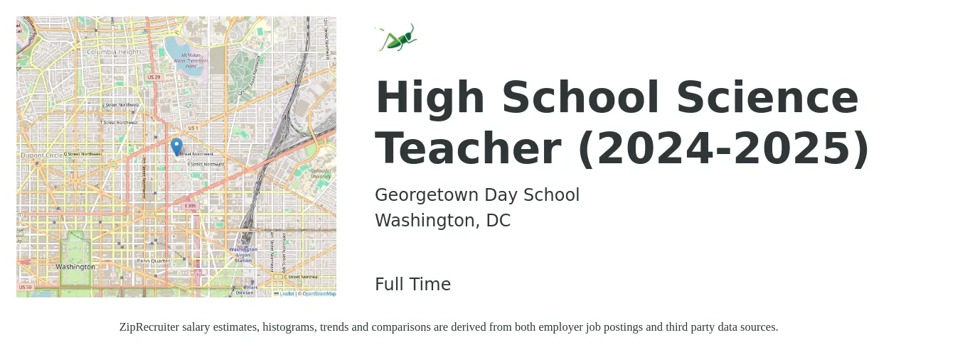 Georgetown Day School job posting for a High School Science Teacher (2024-2025) in Washington, DC with a salary of $53,200 to $68,600 Yearly with a map of Washington location.