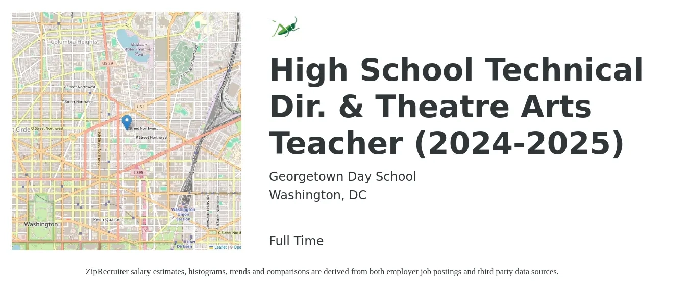 Georgetown Day School job posting for a High School Technical Dir. & Theatre Arts Teacher (2024-2025) in Washington, DC with a salary of $49,900 to $67,500 Yearly with a map of Washington location.