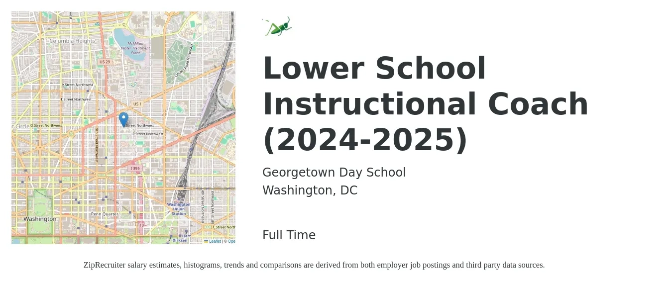 Georgetown Day School job posting for a Lower School Instructional Coach (2024-2025) in Washington, DC with a salary of $50,500 to $72,900 Yearly with a map of Washington location.