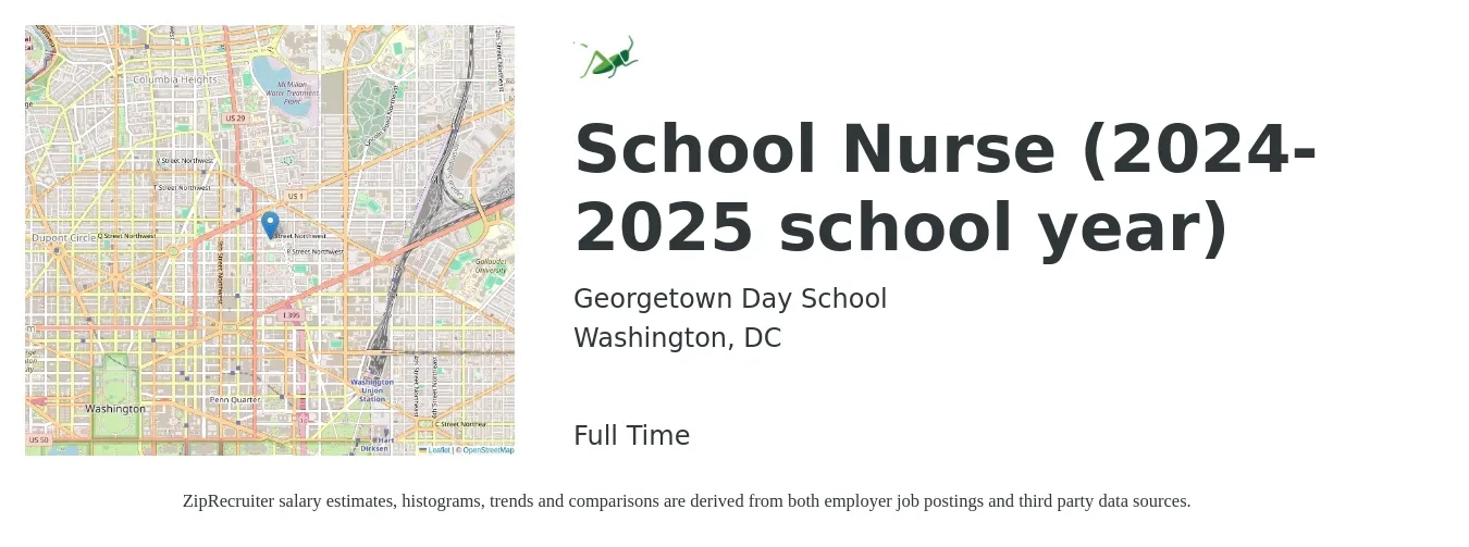 Georgetown Day School job posting for a School Nurse (2024-2025 school year) in Washington, DC with a salary of $29 to $44 Hourly with a map of Washington location.