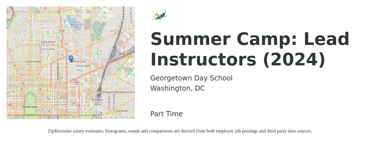 Georgetown Day School job posting for a Summer Camp: Lead Instructors (2024) in Washington, DC with a salary of $15 to $20 Hourly with a map of Washington location.