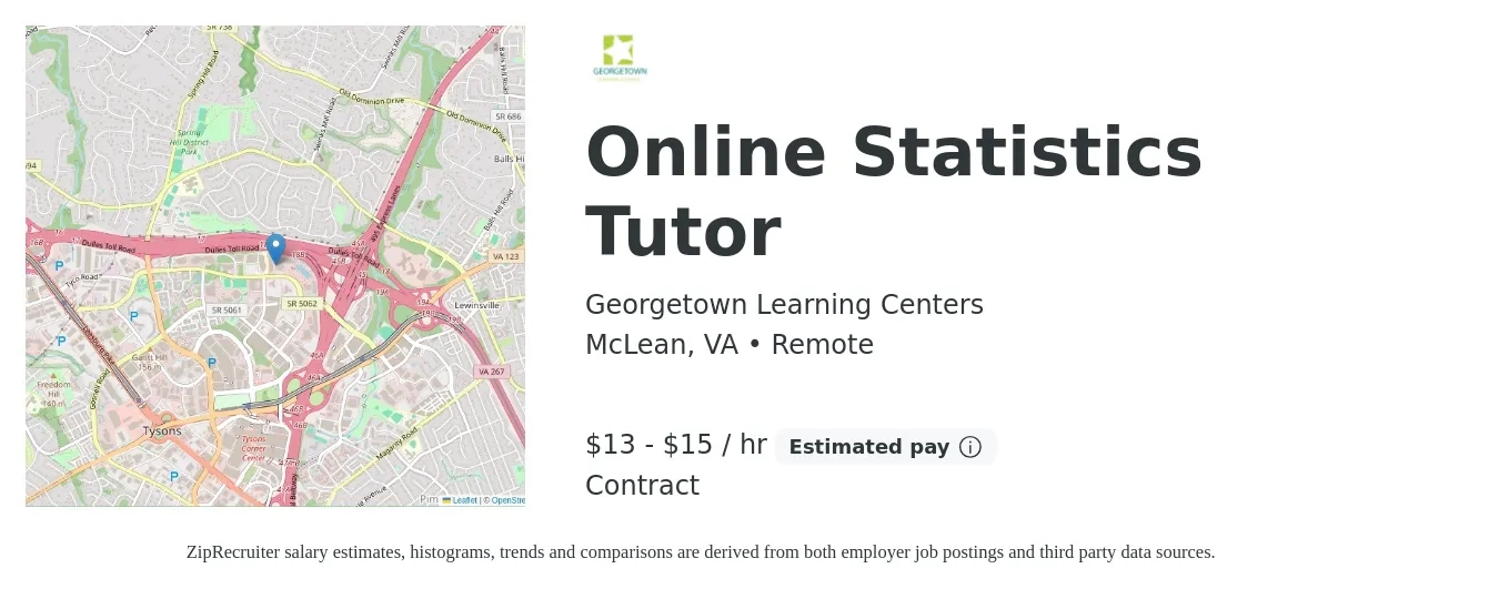 Georgetown Learning Centers job posting for a Online Statistics Tutor in McLean, VA with a salary of $14 to $16 Hourly with a map of McLean location.