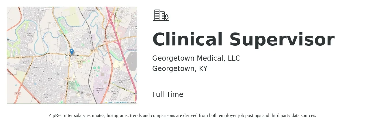 Georgetown Medical, LLC job posting for a Clinical Supervisor in Georgetown, KY with a salary of $57,800 to $79,900 Yearly with a map of Georgetown location.