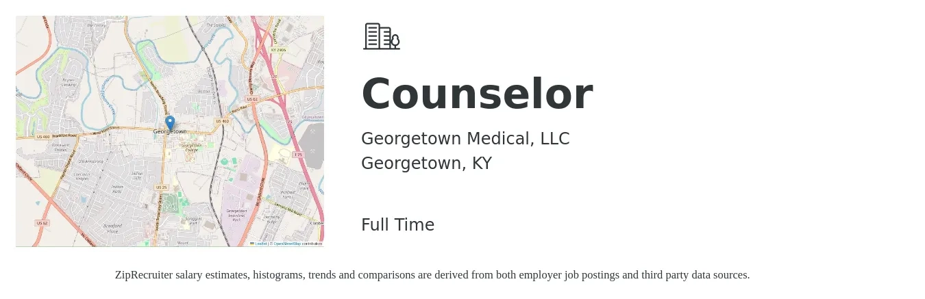 Georgetown Medical, LLC job posting for a Counselor in Georgetown, KY with a salary of $20 to $27 Hourly with a map of Georgetown location.