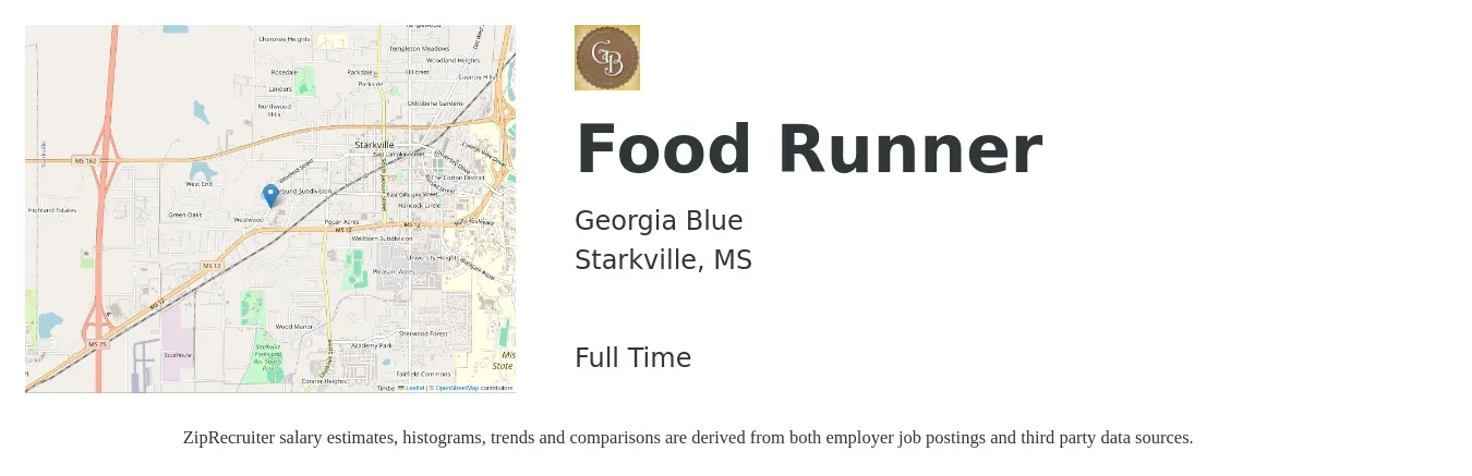 Georgia Blue job posting for a Food Runner in Starkville, MS with a salary of $10 to $15 Hourly with a map of Starkville location.