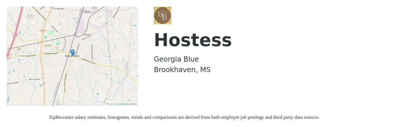 Georgia Blue job posting for a Hostess in Brookhaven, MS with a salary of $7 to $15 Hourly with a map of Brookhaven location.