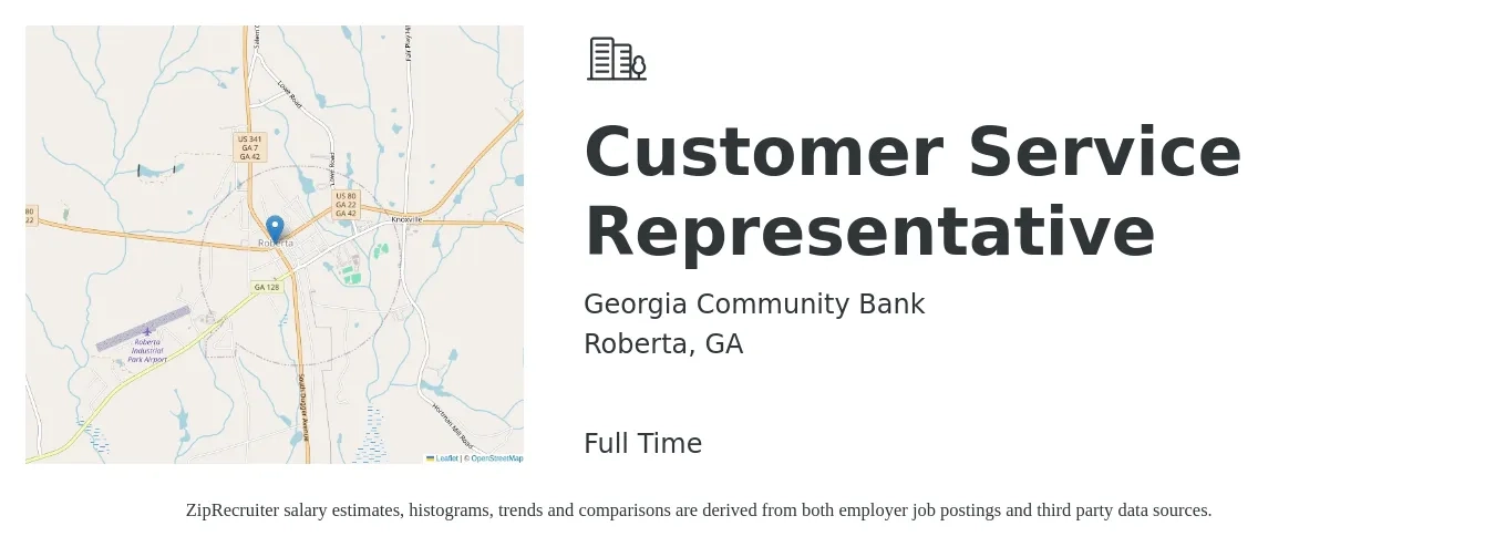 Georgia Community Bank job posting for a Customer Service Representative in Roberta, GA with a salary of $14 to $19 Hourly with a map of Roberta location.