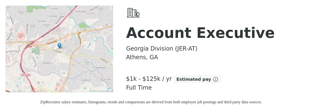 Georgia Division (JER-AT) job posting for a Account Executive in Athens, GA with a salary of $1,000 to $125,000 Yearly with a map of Athens location.