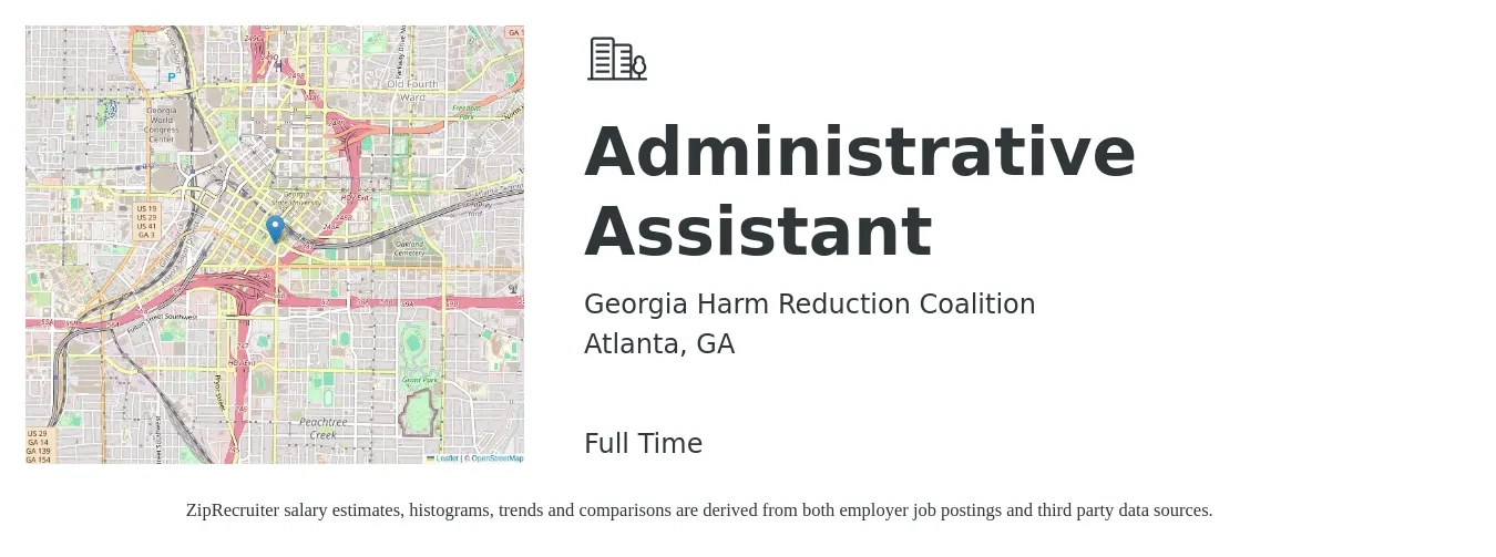 Georgia Harm Reduction Coalition job posting for a Administrative Assistant in Atlanta, GA with a salary of $35,000 to $38,000 Yearly with a map of Atlanta location.