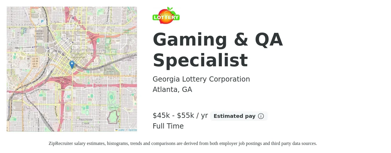 Georgia Lottery Corporation job posting for a Gaming & QA Specialist in Atlanta, GA with a salary of $45,000 to $55,000 Yearly with a map of Atlanta location.