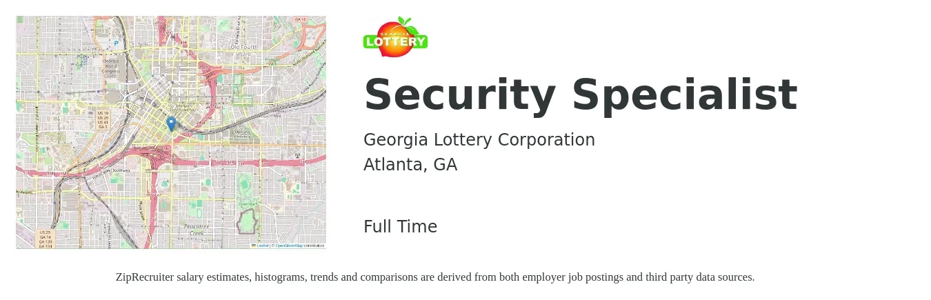 Georgia Lottery Corporation job posting for a Security Specialist in Atlanta, GA with a salary of $51,000 to $95,700 Yearly with a map of Atlanta location.