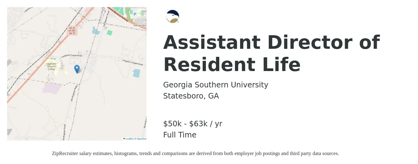 Georgia Southern University job posting for a Assistant Director of Resident Life in Statesboro, GA with a salary of $50,000 to $63,700 Yearly with a map of Statesboro location.