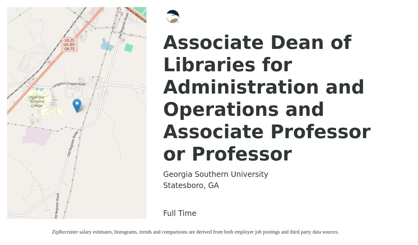 Georgia Southern University job posting for a Associate Dean of Libraries for Administration and Operations and Associate Professor or Professor in Statesboro, GA with a salary of $50,200 to $95,700 Yearly with a map of Statesboro location.