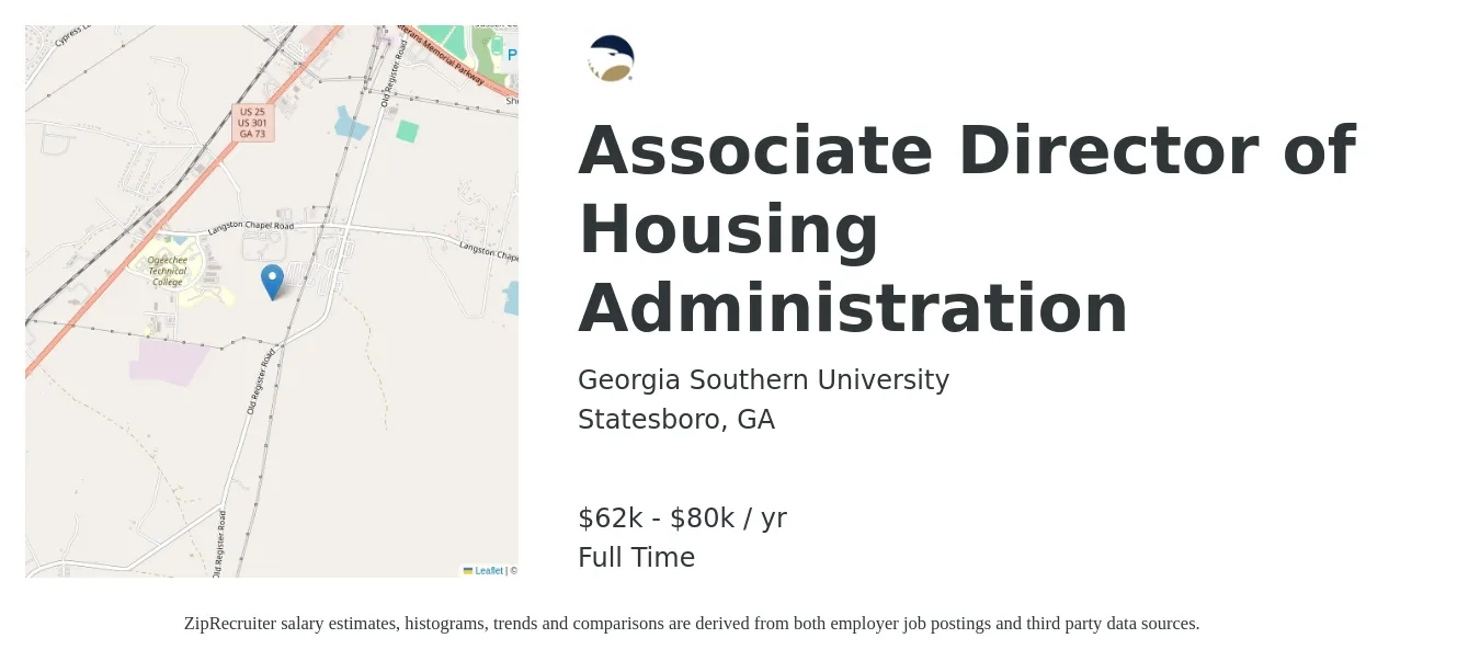 Georgia Southern University job posting for a Associate Director of Housing Administration in Statesboro, GA with a salary of $62,100 to $80,700 Yearly with a map of Statesboro location.