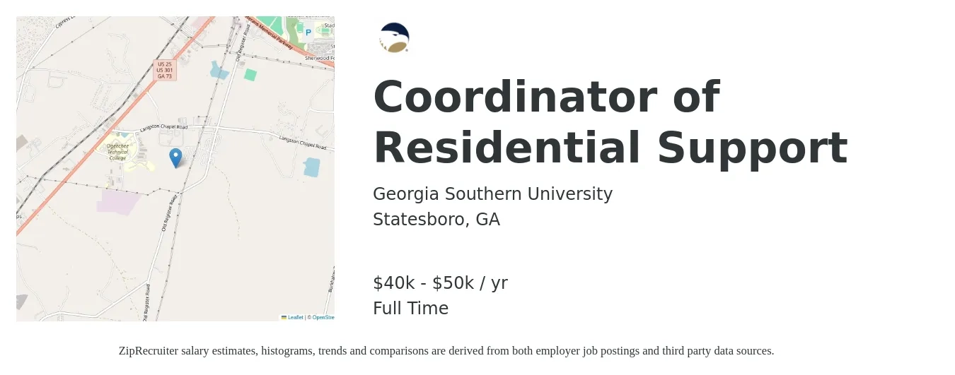 Georgia Southern University job posting for a Coordinator of Residential Support in Statesboro, GA with a salary of $40,200 to $50,300 Yearly with a map of Statesboro location.
