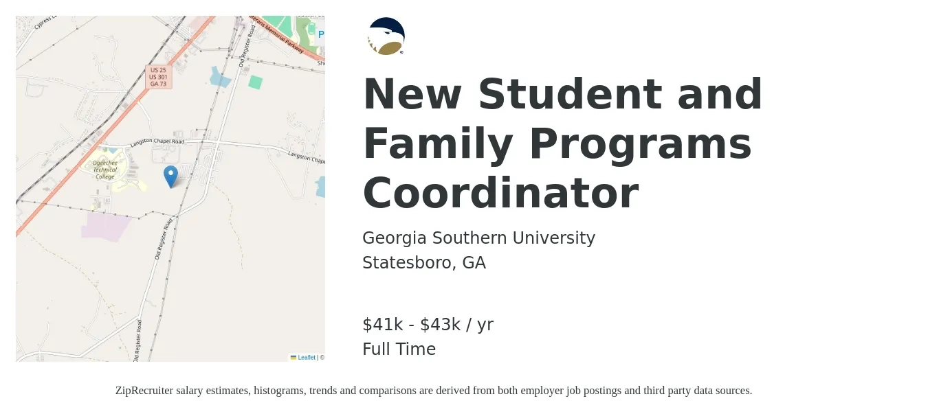 Georgia Southern University job posting for a New Student and Family Programs Coordinator in Statesboro, GA with a salary of $41,500 to $43,500 Yearly with a map of Statesboro location.