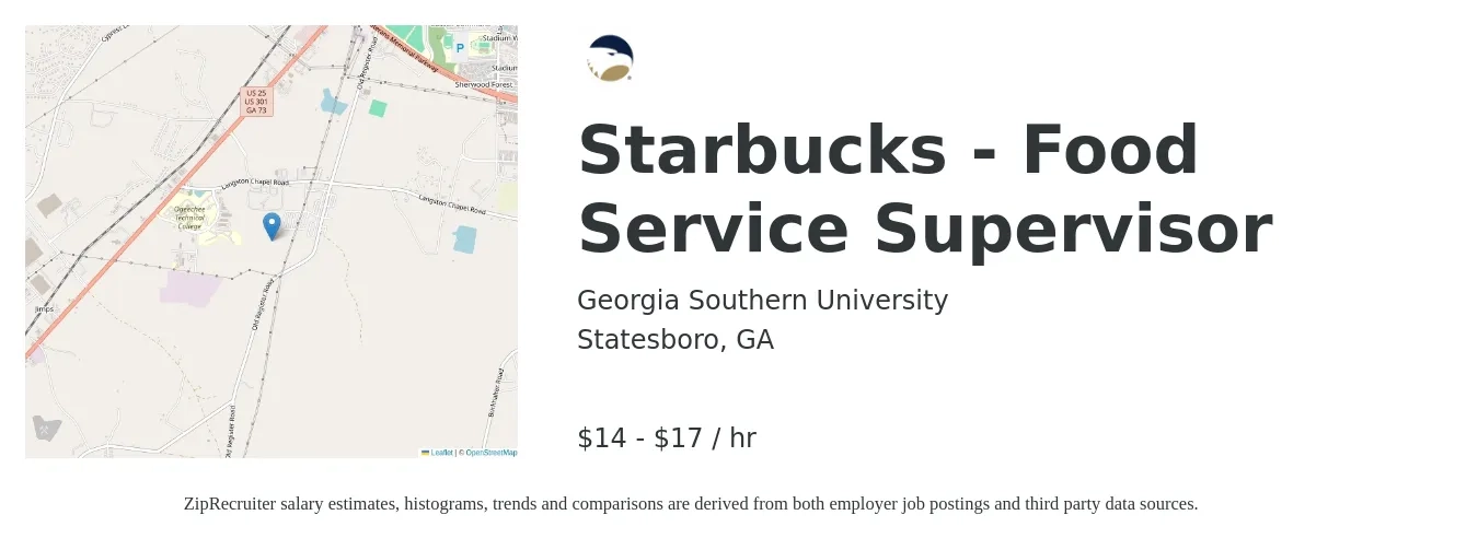 Georgia Southern University job posting for a Starbucks Food Service Supervisor in Statesboro, GA with a salary of $17 to $21 Hourly with a map of Statesboro location.