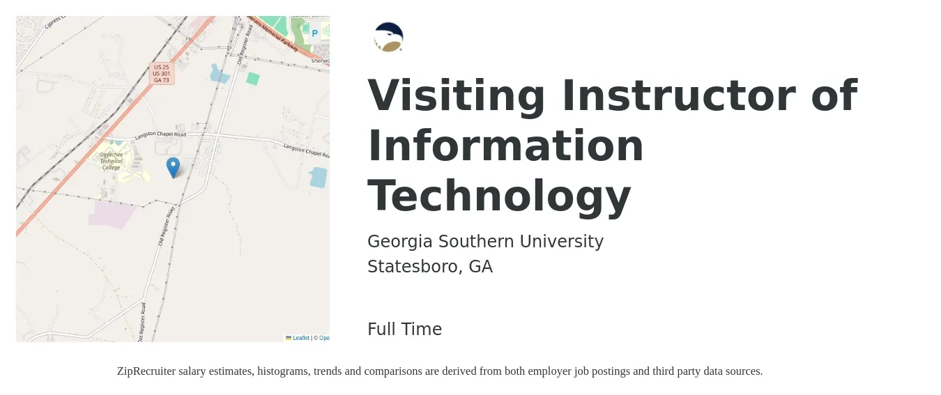 Georgia Southern University job posting for a Visiting Instructor of Information Technology in Statesboro, GA with a salary of $22 to $40 Hourly with a map of Statesboro location.