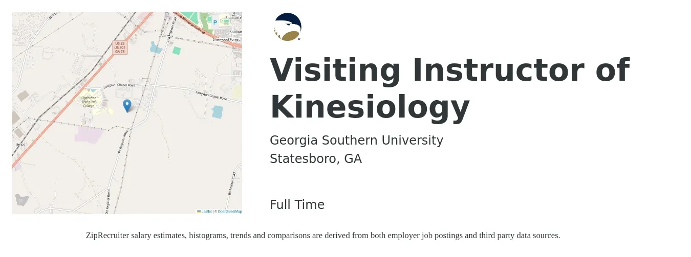 Georgia Southern University job posting for a Visiting Instructor of Kinesiology in Statesboro, GA with a salary of $42,500 to $78,700 Yearly with a map of Statesboro location.
