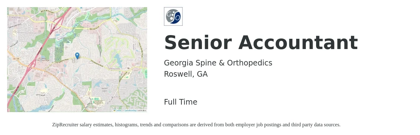 Georgia Spine & Orthopedics job posting for a Senior Accountant in Roswell, GA with a salary of $69,600 to $87,500 Yearly with a map of Roswell location.