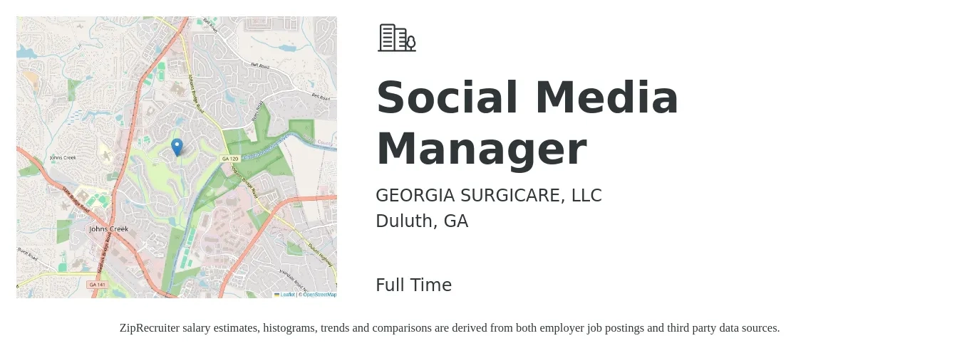 GEORGIA SURGICARE, LLC job posting for a Social Media Manager in Duluth, GA with a salary of $43,700 to $70,400 Yearly with a map of Duluth location.