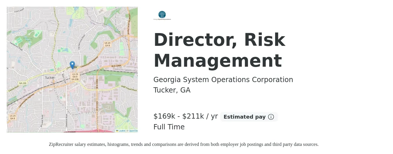 Georgia System Operations Corporation job posting for a Director, Risk Management in Tucker, GA with a salary of $169,000 to $211,100 Yearly with a map of Tucker location.