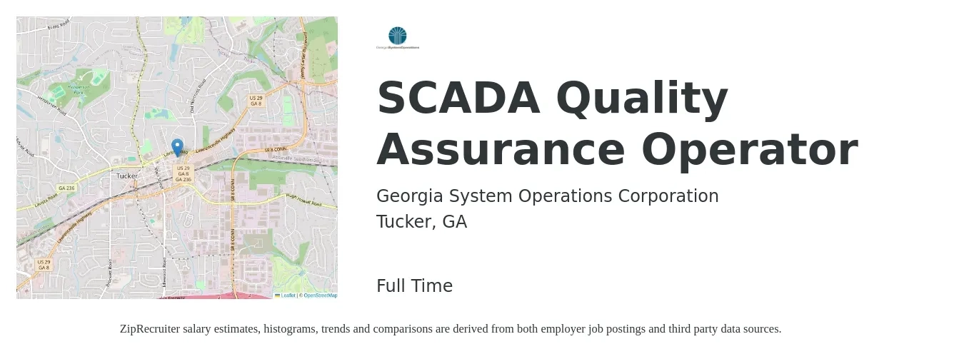 Georgia System Operations Corporation job posting for a SCADA Quality Assurance Operator in Tucker, GA with a salary of $86,100 to $107,600 Yearly with a map of Tucker location.