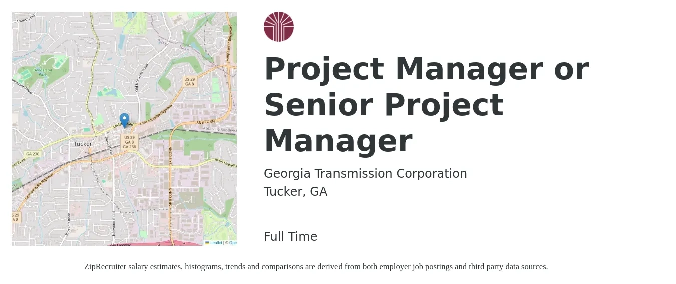Georgia Transmission Corporation job posting for a Project Manager or Senior Project Manager in Tucker, GA with a salary of $97,500 to $137,600 Yearly with a map of Tucker location.