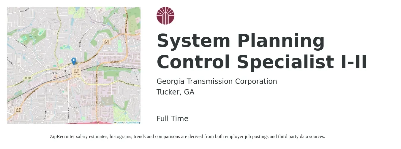 Georgia Transmission Corporation job posting for a System Planning Control Specialist I-II in Tucker, GA with a salary of $53,700 to $81,100 Yearly with a map of Tucker location.