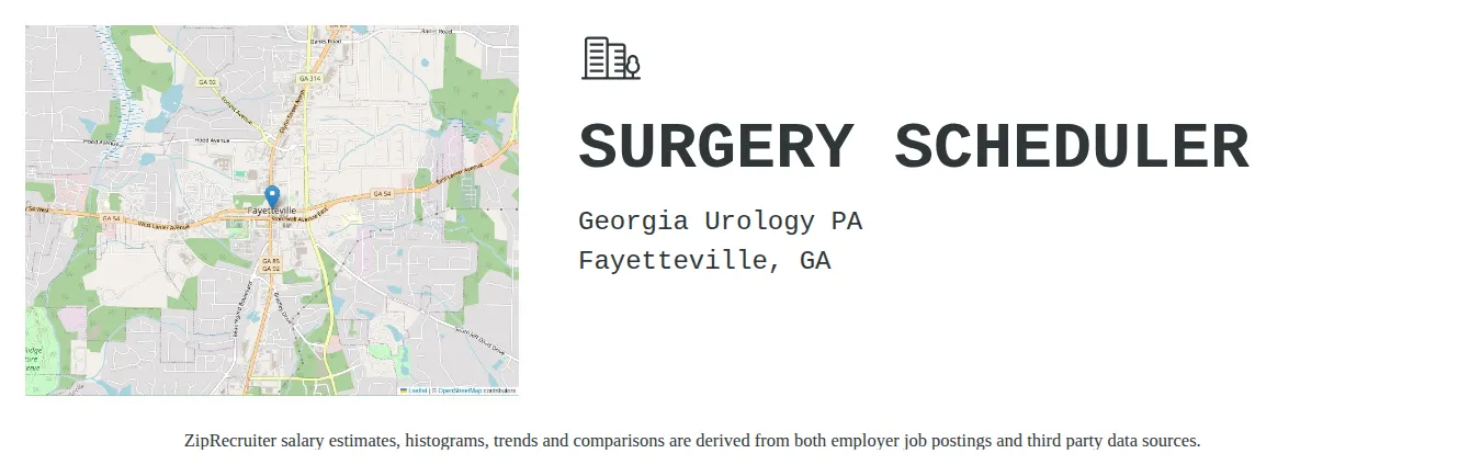 Georgia Urology PA job posting for a SURGERY SCHEDULER in Fayetteville, GA with a salary of $17 to $21 Hourly with a map of Fayetteville location.
