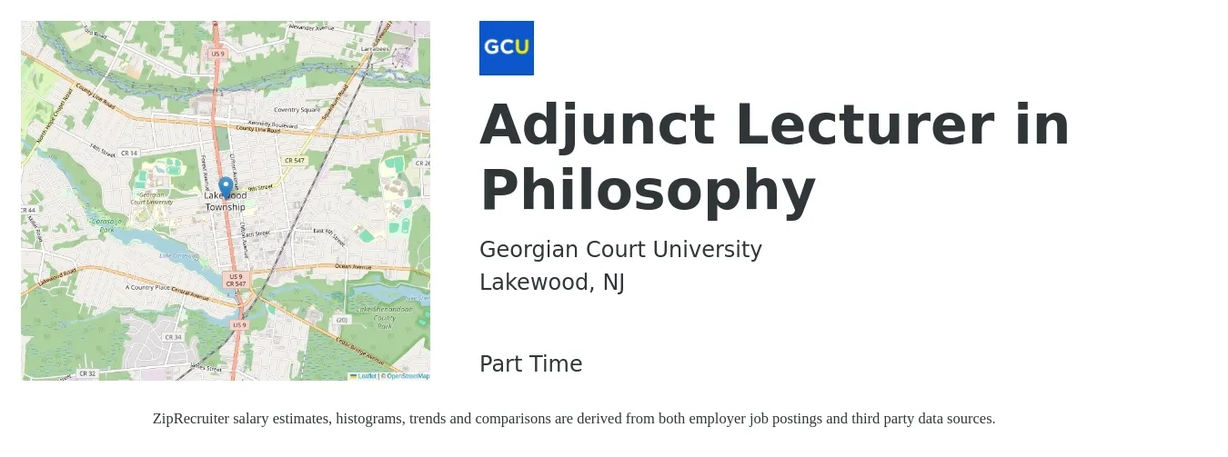 Georgian Court University job posting for a Adjunct Lecturer in Philosophy in Lakewood, NJ with a salary of $72 to $78 Hourly with a map of Lakewood location.