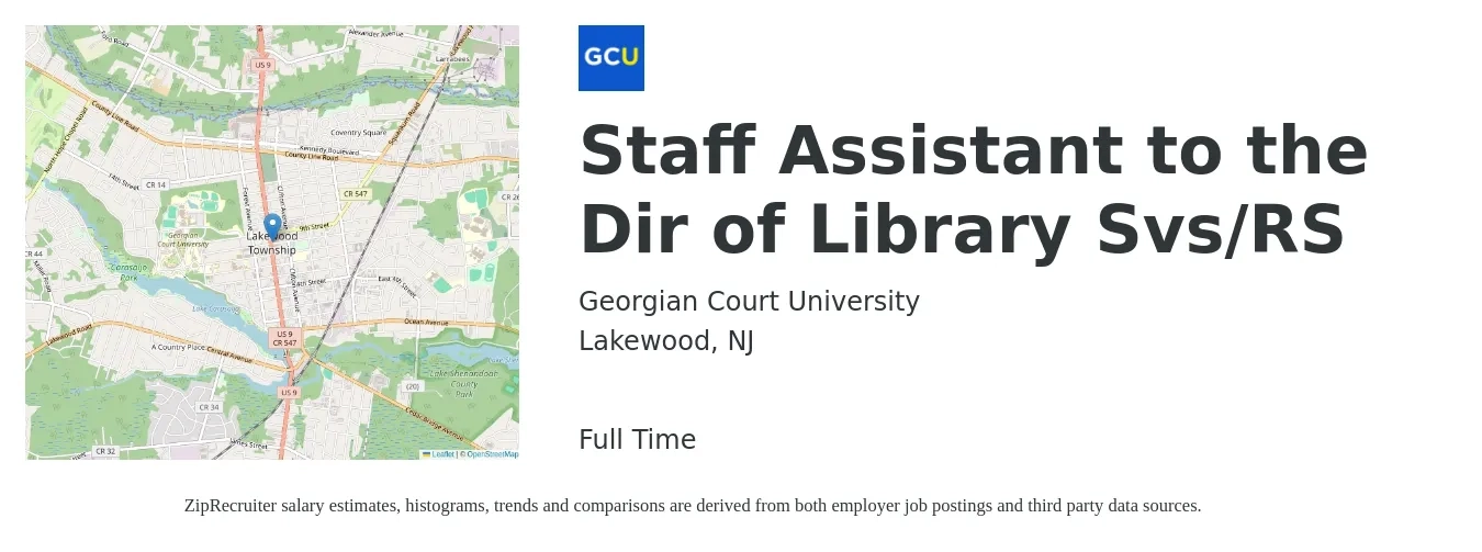 Georgian Court University job posting for a Staff Assistant to the Dir of Library Svs/RS in Lakewood, NJ with a salary of $56,200 to $81,800 Yearly with a map of Lakewood location.