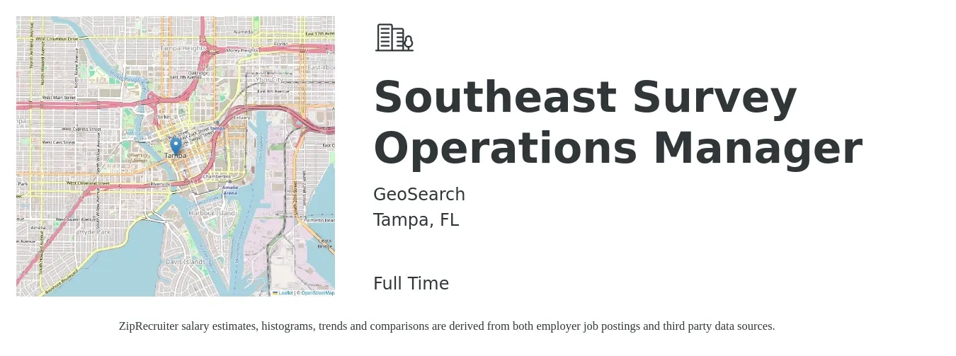 GeoSearch job posting for a Southeast Survey Operations Manager in Tampa, FL with a salary of $38,700 to $73,200 Yearly with a map of Tampa location.