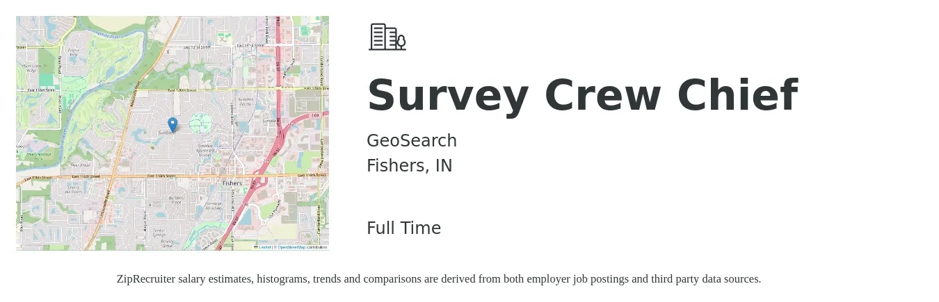 GeoSearch job posting for a Survey Crew Chief in Fishers, IN with a salary of $24 to $35 Hourly with a map of Fishers location.