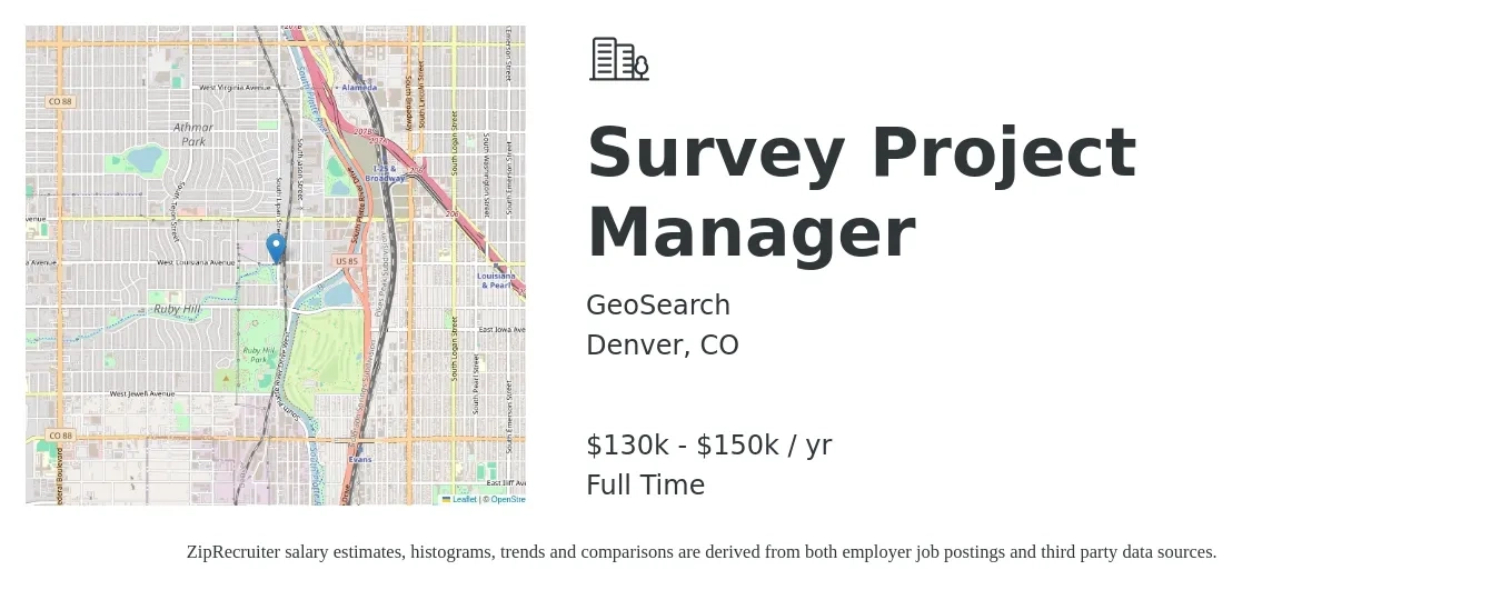 GeoSearch job posting for a Survey Project Manager in Denver, CO with a salary of $130,000 to $150,000 Yearly with a map of Denver location.