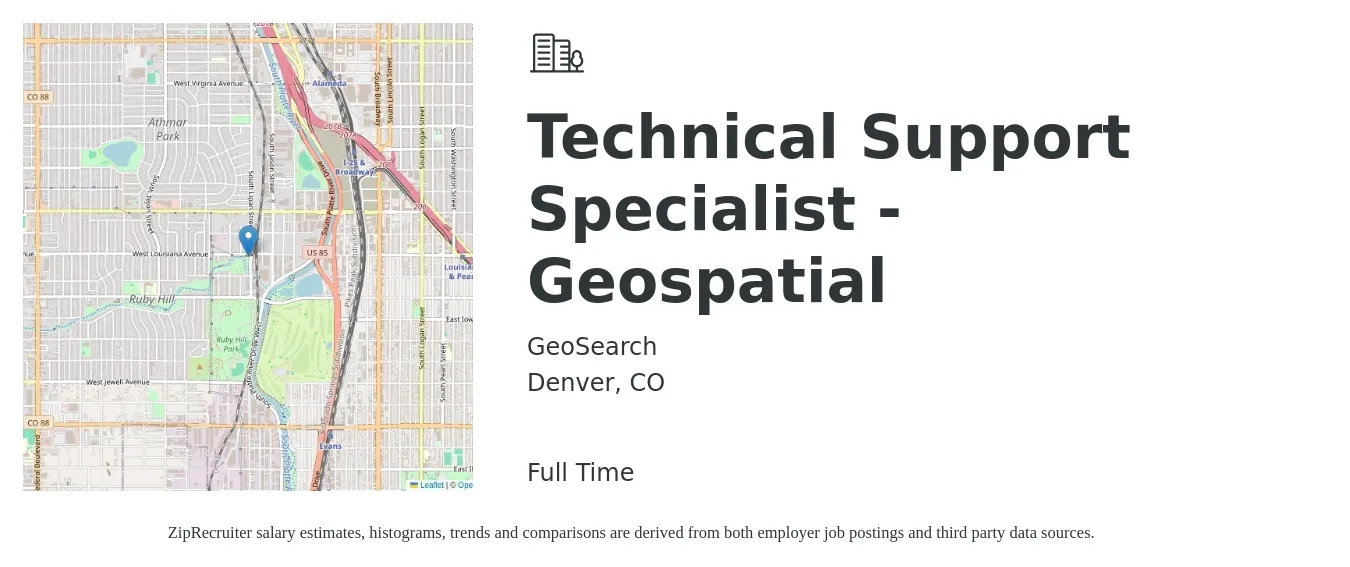 GeoSearch job posting for a Technical Support Specialist - Geospatial in Denver, CO with a salary of $22 to $33 Hourly with a map of Denver location.
