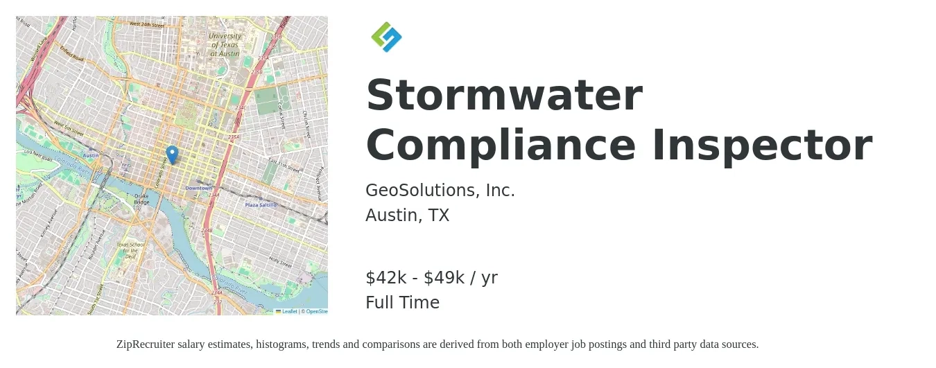 GeoSolutions, Inc. job posting for a Stormwater Compliance Inspector in Austin, TX with a salary of $42,000 to $49,000 Yearly with a map of Austin location.