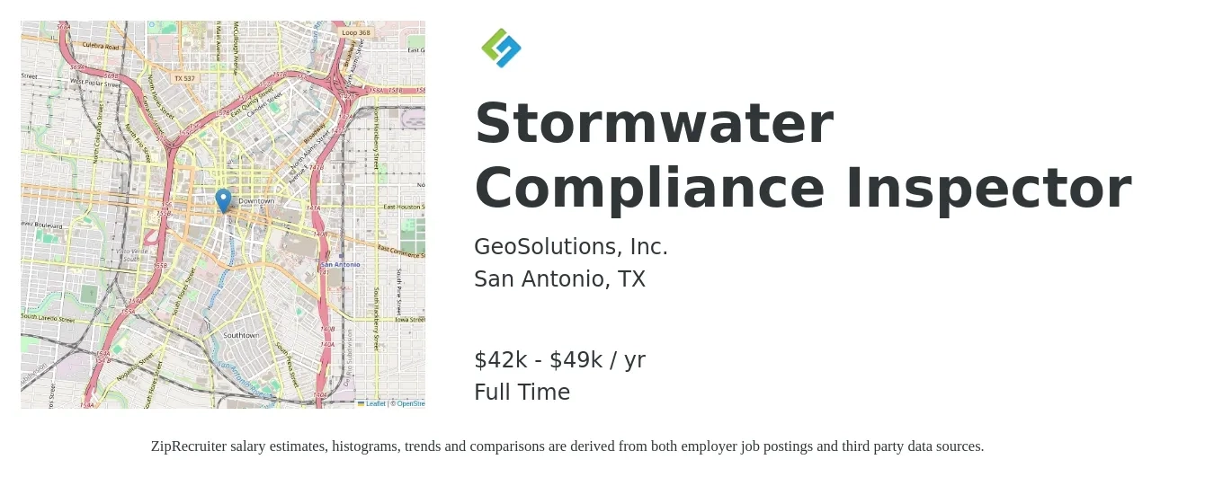 GeoSolutions, Inc. job posting for a Stormwater Compliance Inspector in San Antonio, TX with a salary of $42,000 to $49,000 Yearly with a map of San Antonio location.