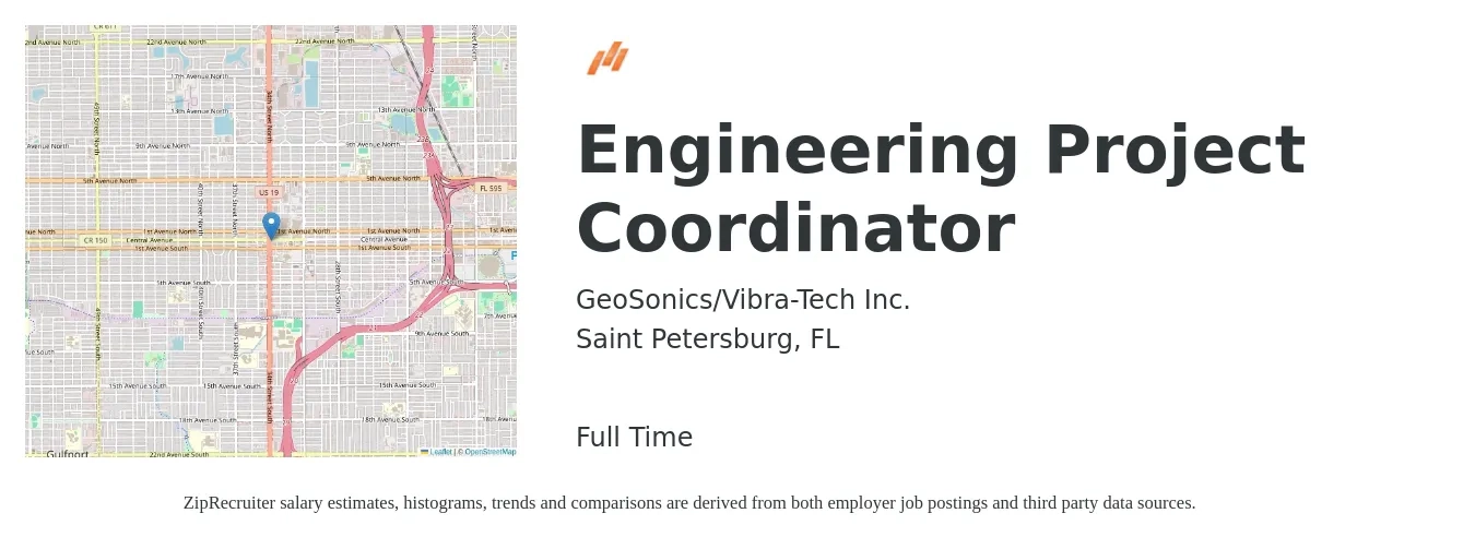 GeoSonics/Vibra-Tech Inc. job posting for a Engineering Project Coordinator in Saint Petersburg, FL with a salary of $22 to $33 Hourly with a map of Saint Petersburg location.