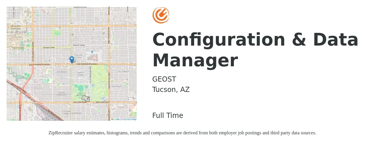 GEOST job posting for a Configuration & Data Manager in Tucson, AZ with a salary of $65,300 to $96,300 Yearly with a map of Tucson location.