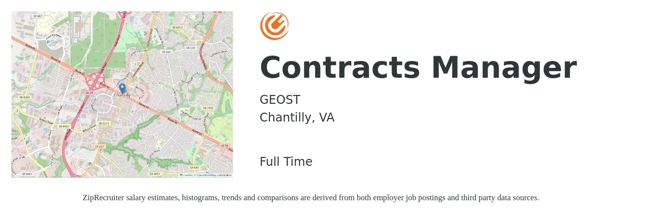 GEOST job posting for a Contracts Manager in Chantilly, VA with a salary of $92,000 to $123,000 Yearly with a map of Chantilly location.