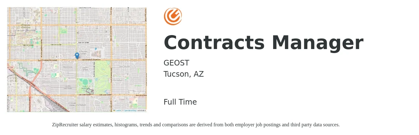 GEOST job posting for a Contracts Manager in Tucson, AZ with a salary of $76,500 to $102,300 Yearly with a map of Tucson location.