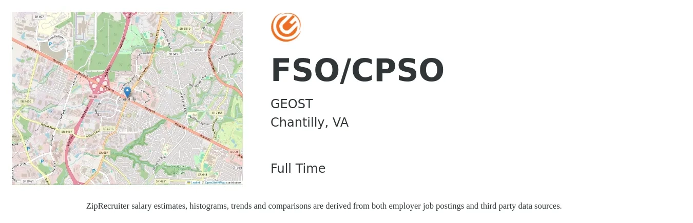 GEOST job posting for a FSO/CPSO in Chantilly, VA with a salary of $17 to $32 Hourly with a map of Chantilly location.