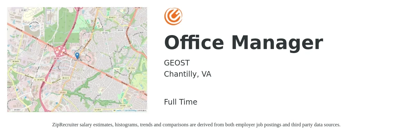 GEOST job posting for a Office Manager in Chantilly, VA with a salary of $41,300 to $61,000 Yearly with a map of Chantilly location.