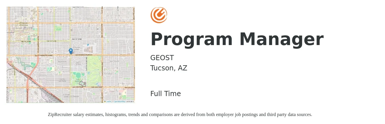 GEOST job posting for a Program Manager in Tucson, AZ with a salary of $68,300 to $113,900 Yearly with a map of Tucson location.
