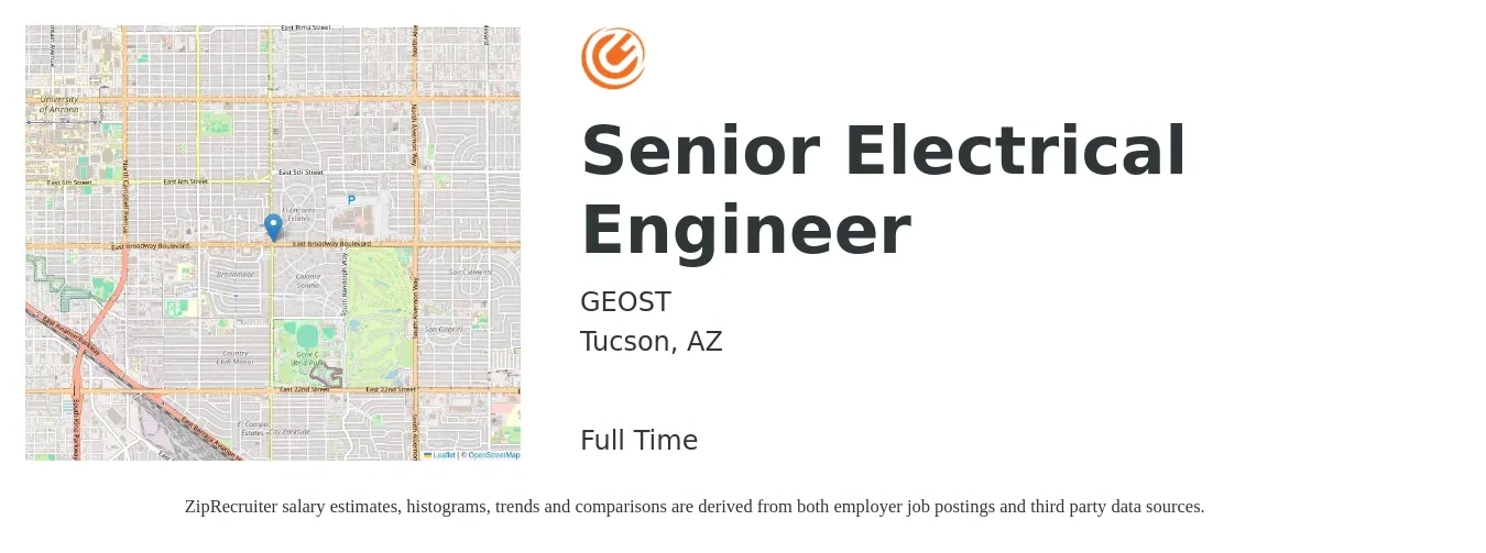 GEOST job posting for a Senior Electrical Engineer in Tucson, AZ with a salary of $92,400 to $120,400 Yearly with a map of Tucson location.