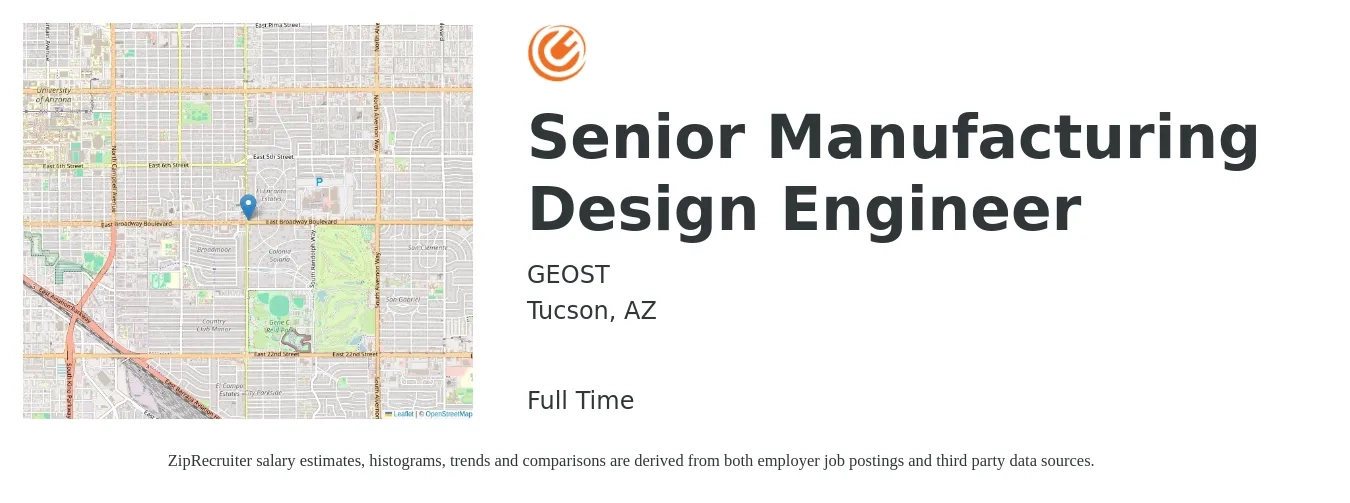 GEOST job posting for a Senior Manufacturing Design Engineer in Tucson, AZ with a salary of $78,200 to $107,000 Yearly with a map of Tucson location.