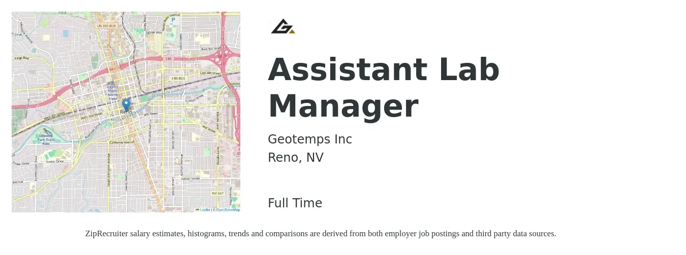 Geotemps Inc job posting for a Assistant Lab Manager in Reno, NV with a salary of $17 to $24 Hourly with a map of Reno location.