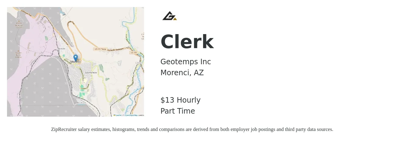 Geotemps Inc job posting for a Clerk in Morenci, AZ with a salary of $14 Hourly with a map of Morenci location.