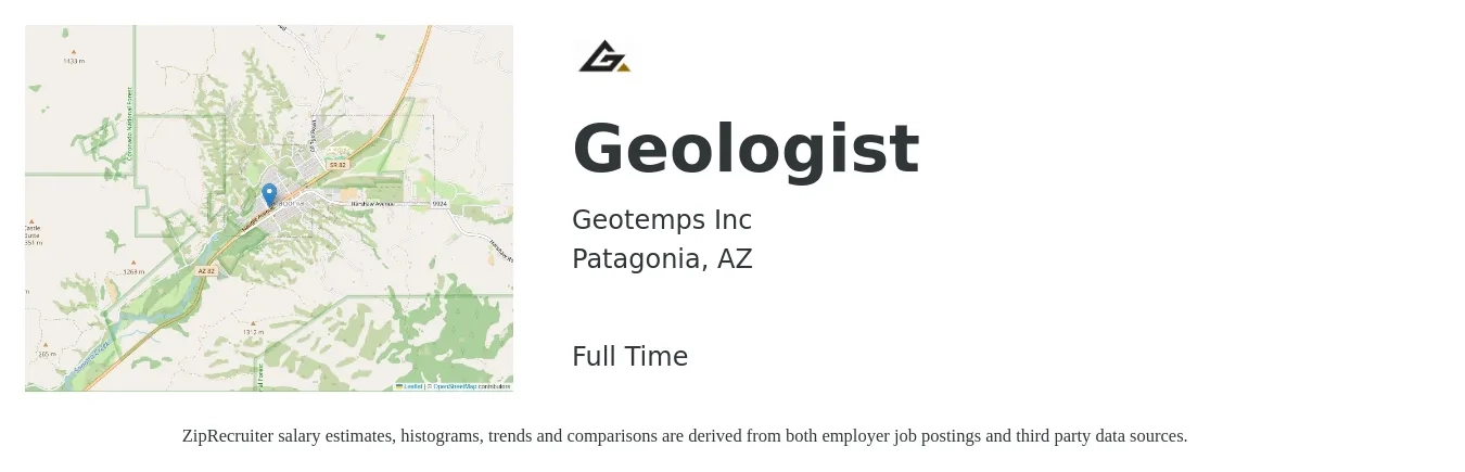 Geotemps Inc job posting for a Geologist in Patagonia, AZ with a salary of $32 to $34 Hourly with a map of Patagonia location.